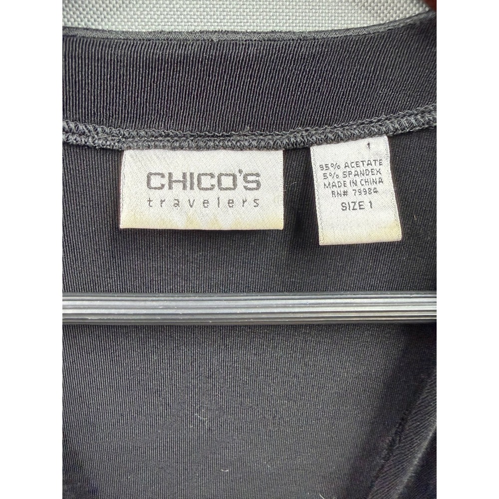 Chico's Travelers Cardigan Womens Black Crochet Lace Hem Hook Eye Size 1 M/L - Picture 6 of 6
